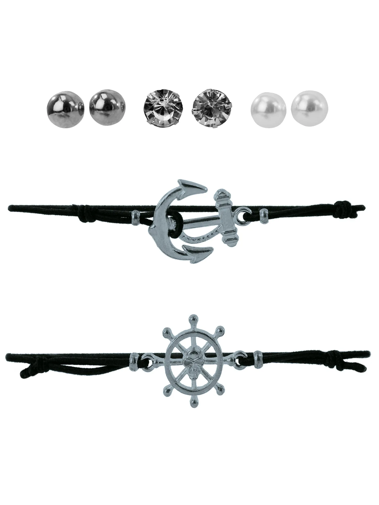 Nautical Anchor & Ship Wheel Bracelet Earring Set