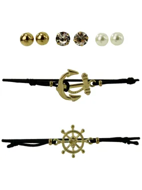 Nautical Anchor & Ship Wheel Bracelet Earring Set