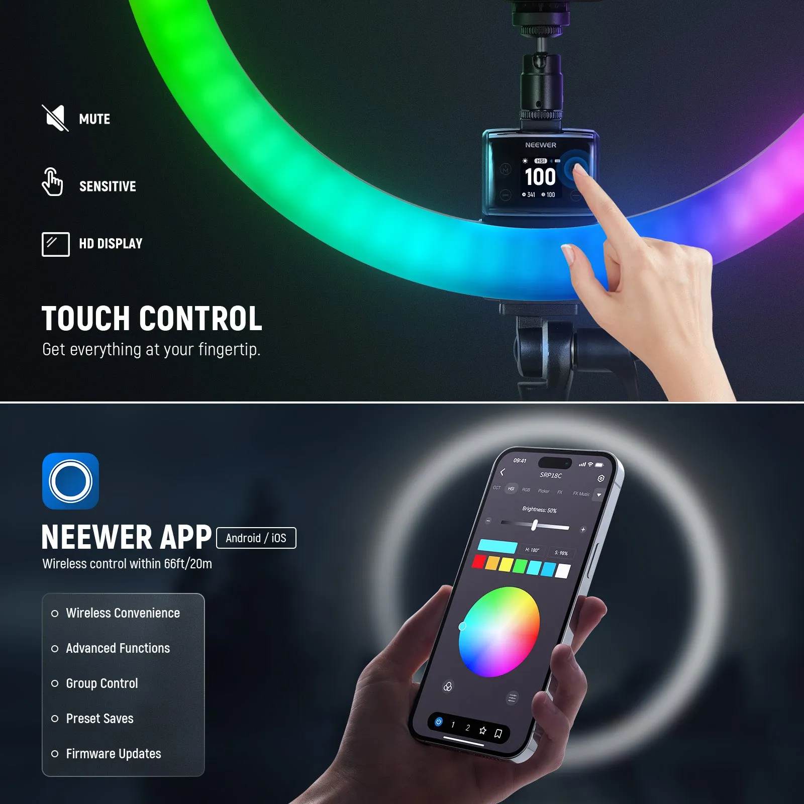 NEEWER SRP18C RGB App Control 2500K-10000K Ring Light Kit