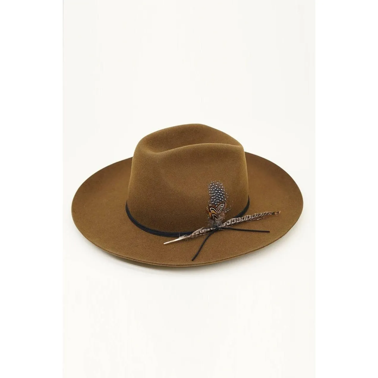 Olive & Pique - Western Cowboy Hat, 100% Wool Felt, Feather Trim, Cognac Hat