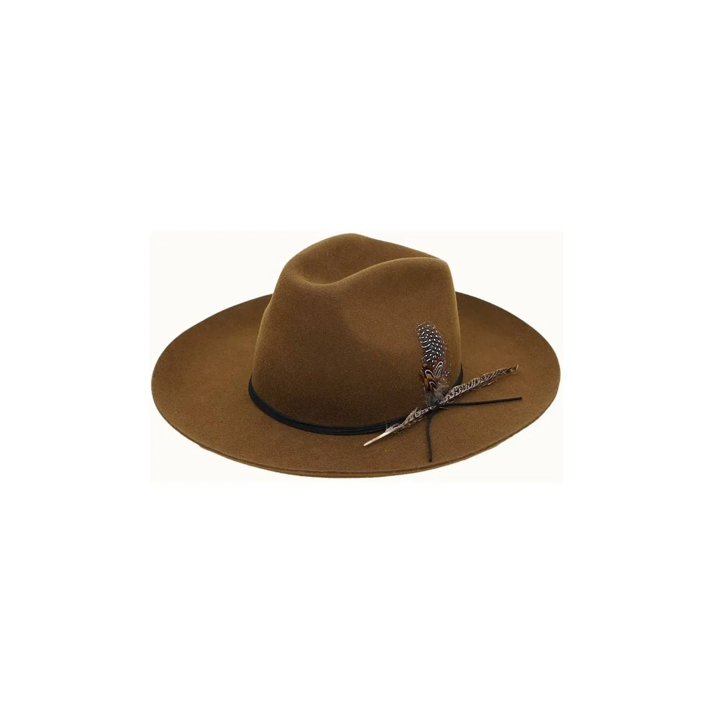 Olive & Pique - Western Cowboy Hat, 100% Wool Felt, Feather Trim, Cognac Hat