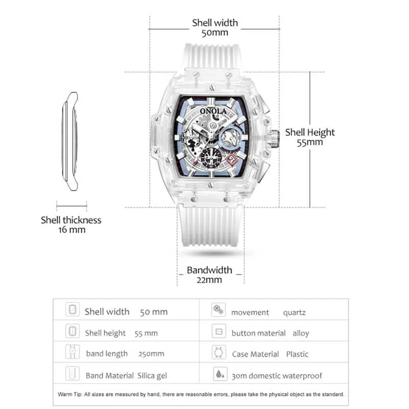 ONOLA Barrel Shaped Transparent Watch for Men 50mm Waterproof