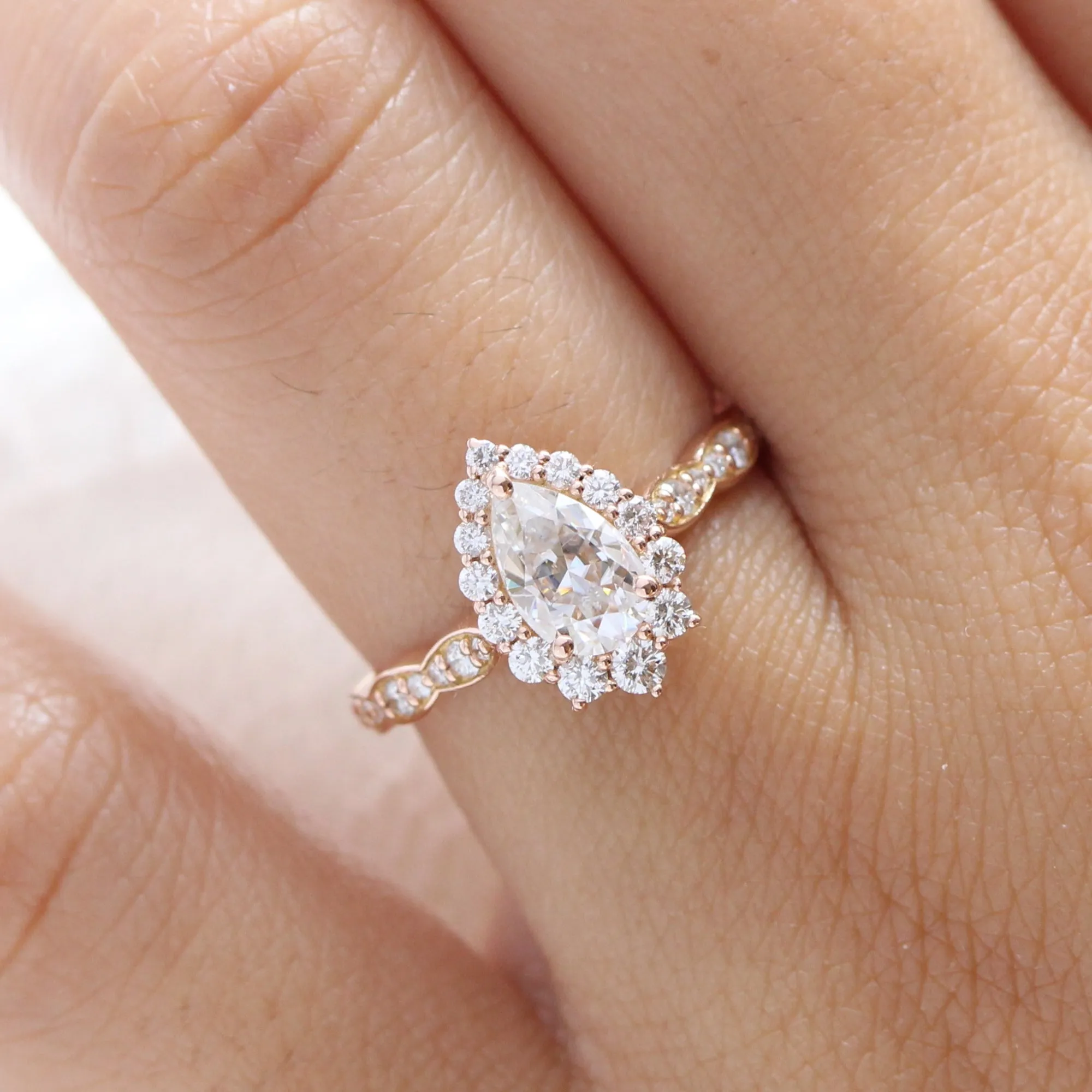 Pear Moissanite Engagement Ring in Tiara Halo Diamond Scalloped Band