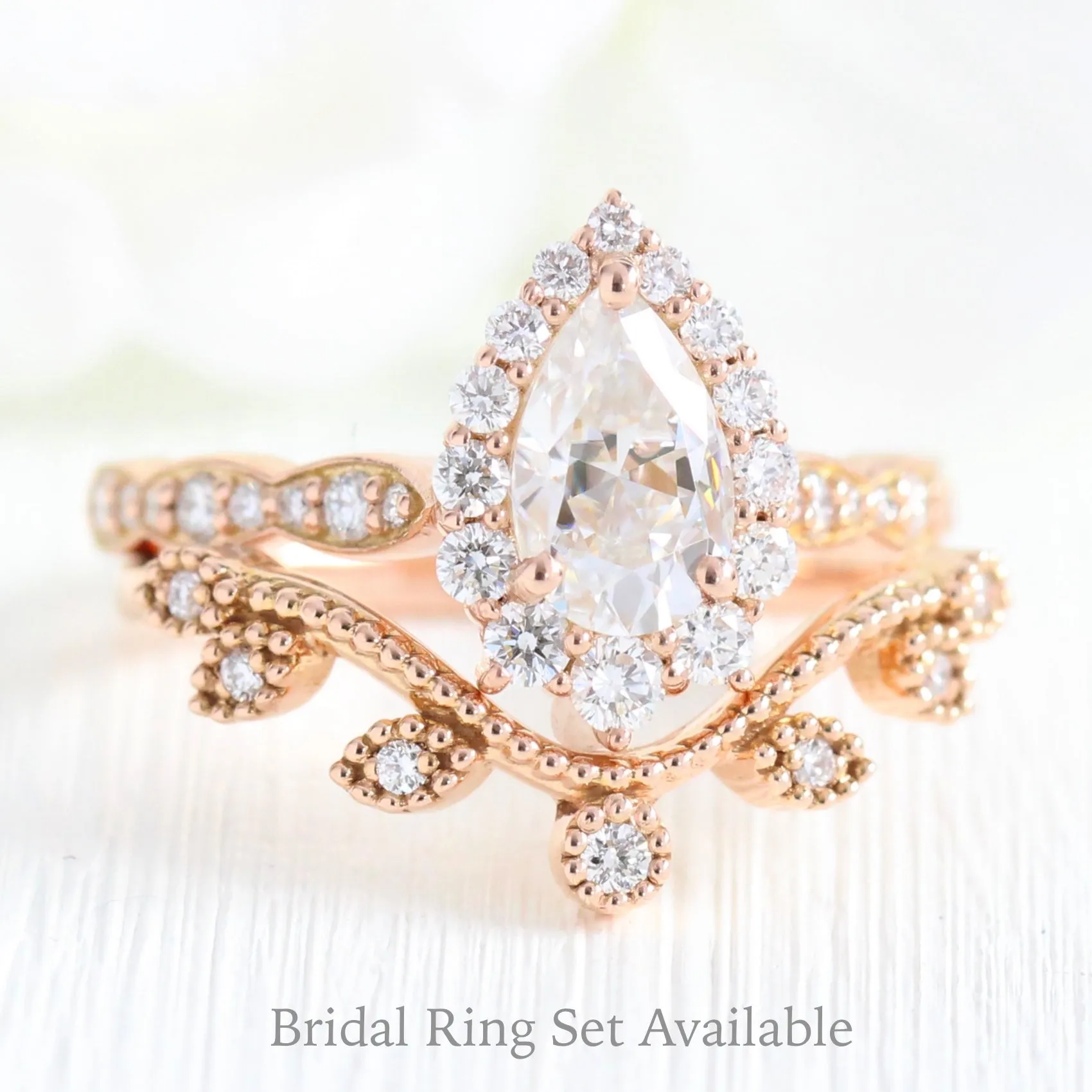 Pear Moissanite Engagement Ring in Tiara Halo Diamond Scalloped Band