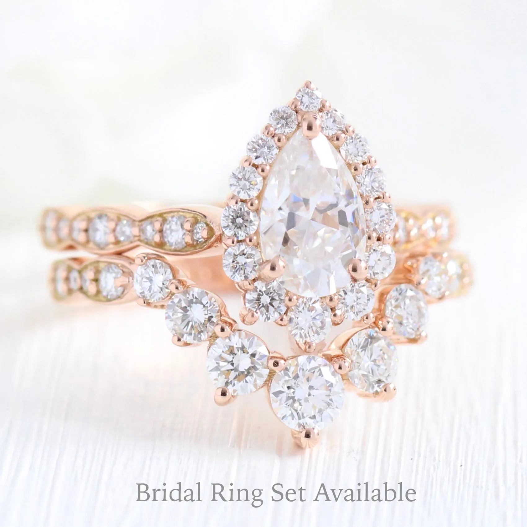 Pear Moissanite Engagement Ring in Tiara Halo Diamond Scalloped Band