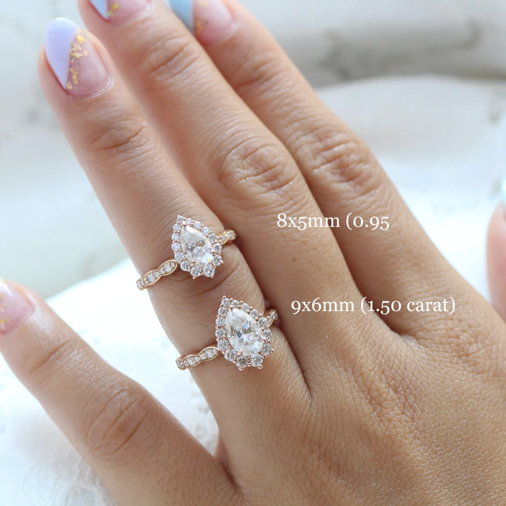 Pear Moissanite Engagement Ring in Tiara Halo Diamond Scalloped Band