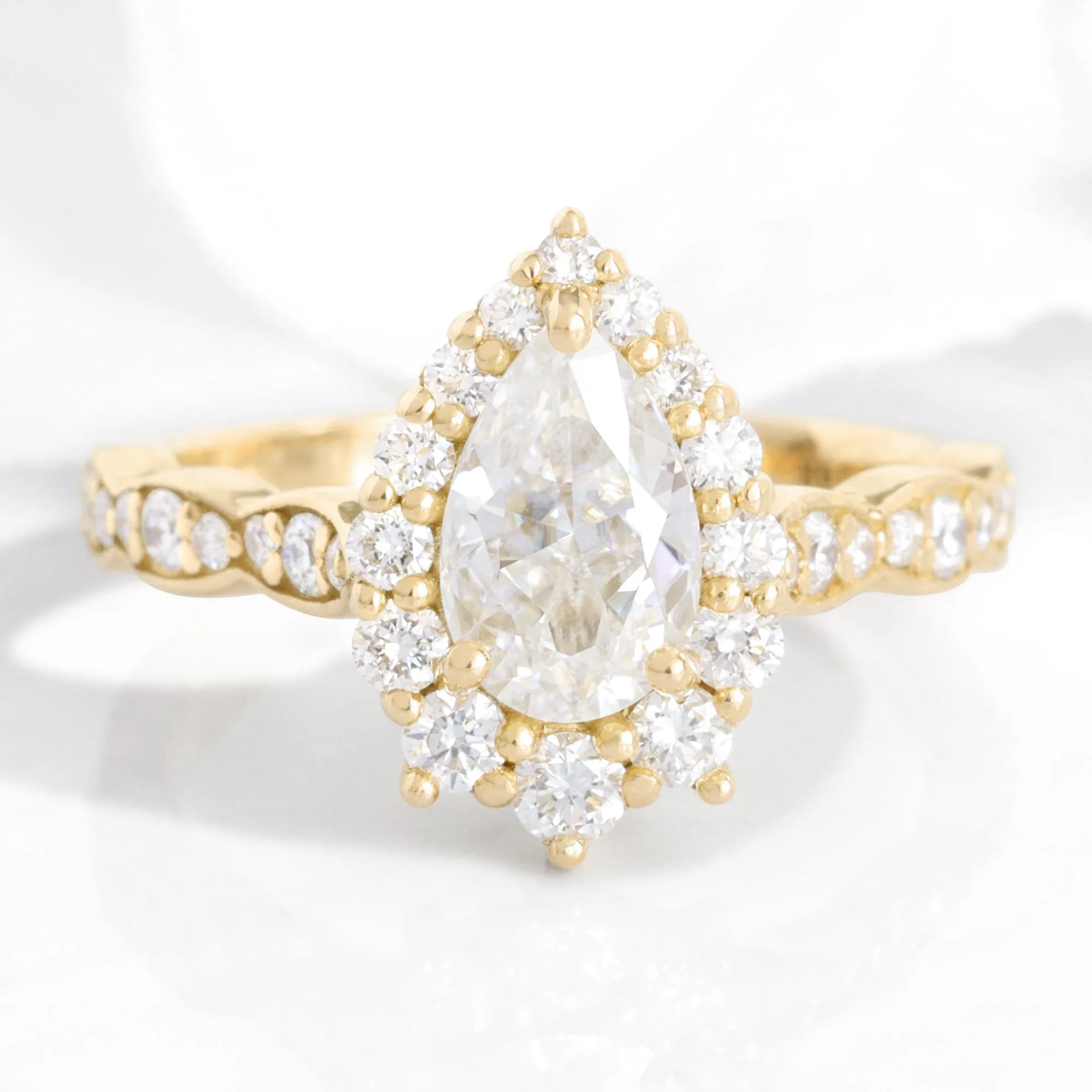 Pear Moissanite Engagement Ring in Tiara Halo Diamond Scalloped Band