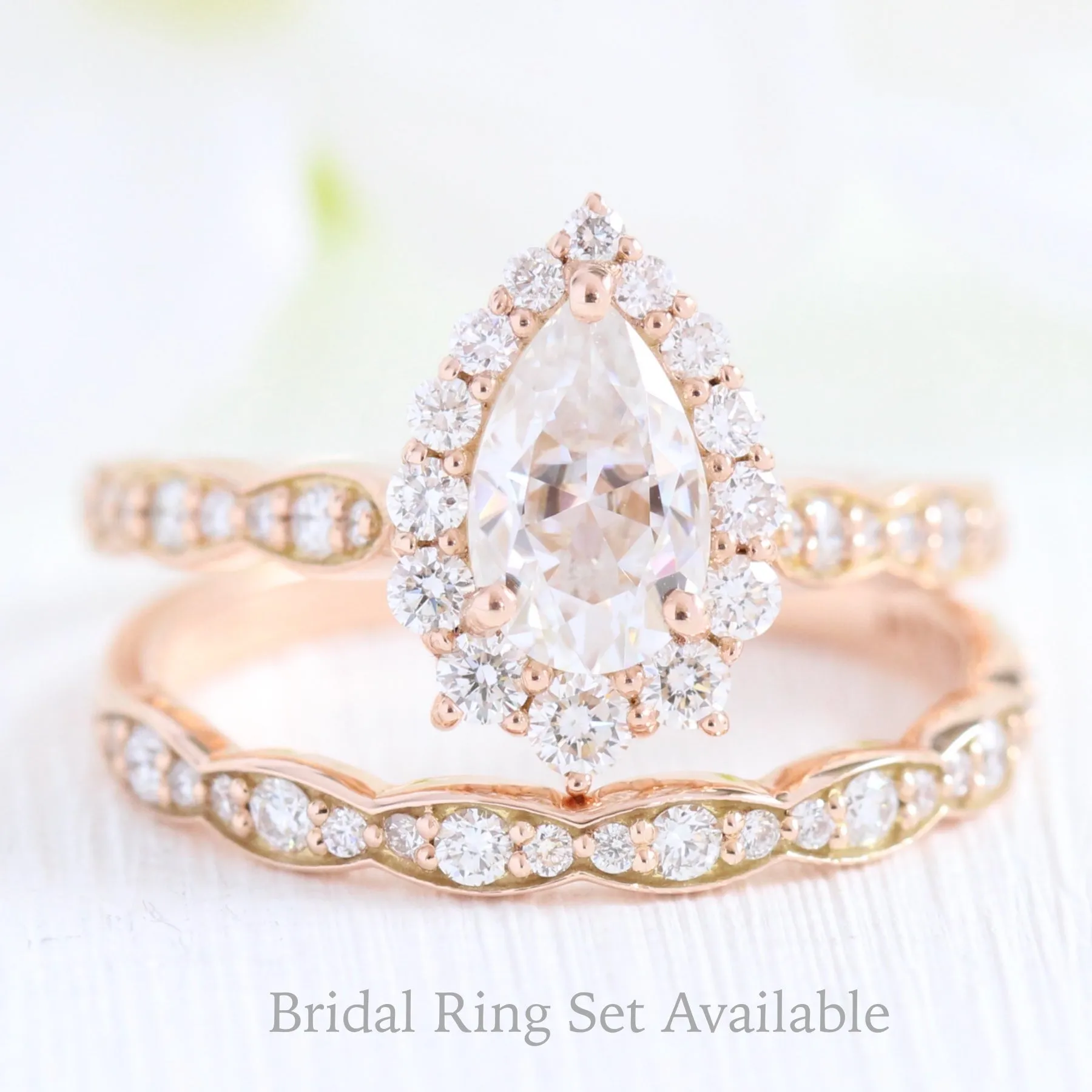 Pear Moissanite Engagement Ring in Tiara Halo Diamond Scalloped Band