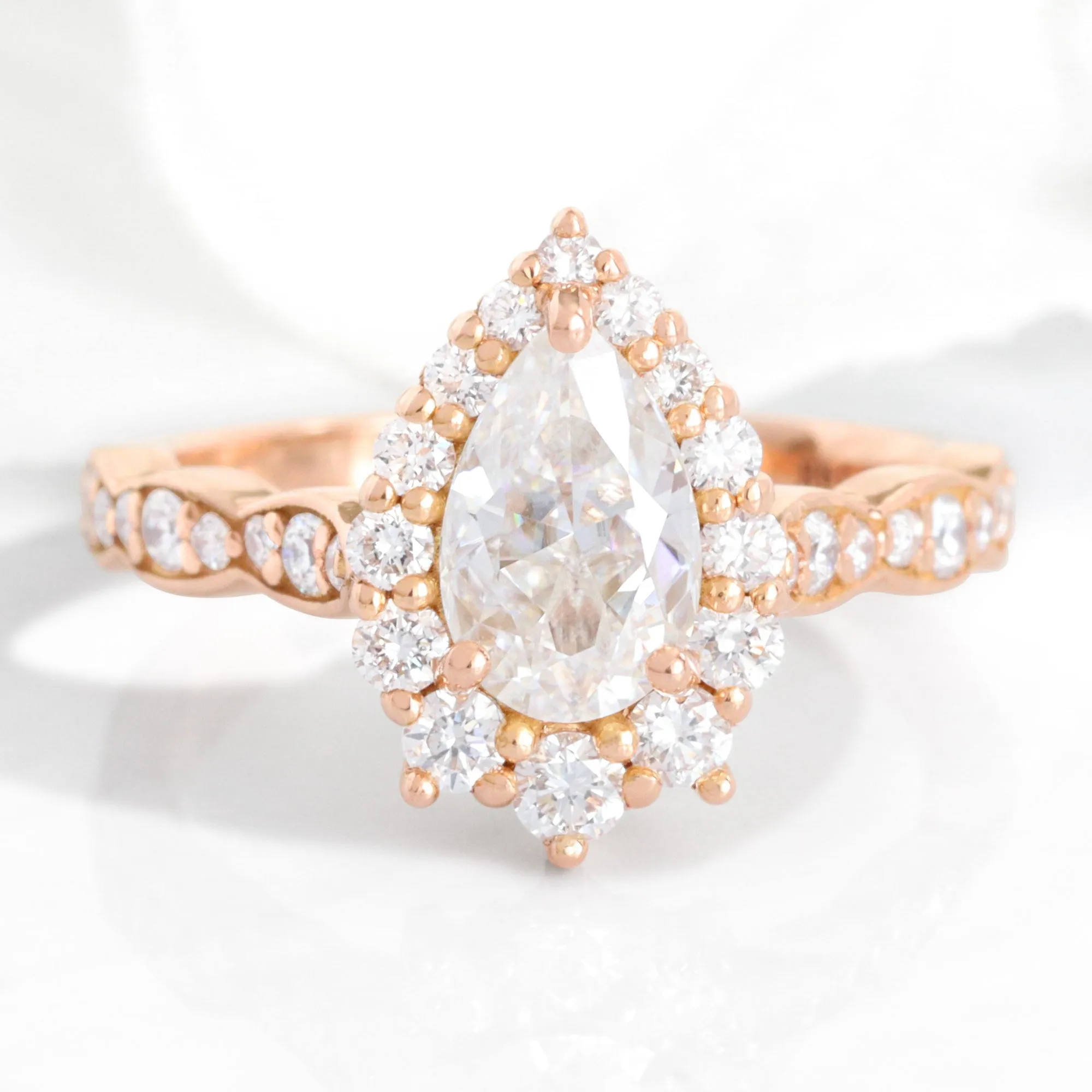 Pear Moissanite Engagement Ring in Tiara Halo Diamond Scalloped Band