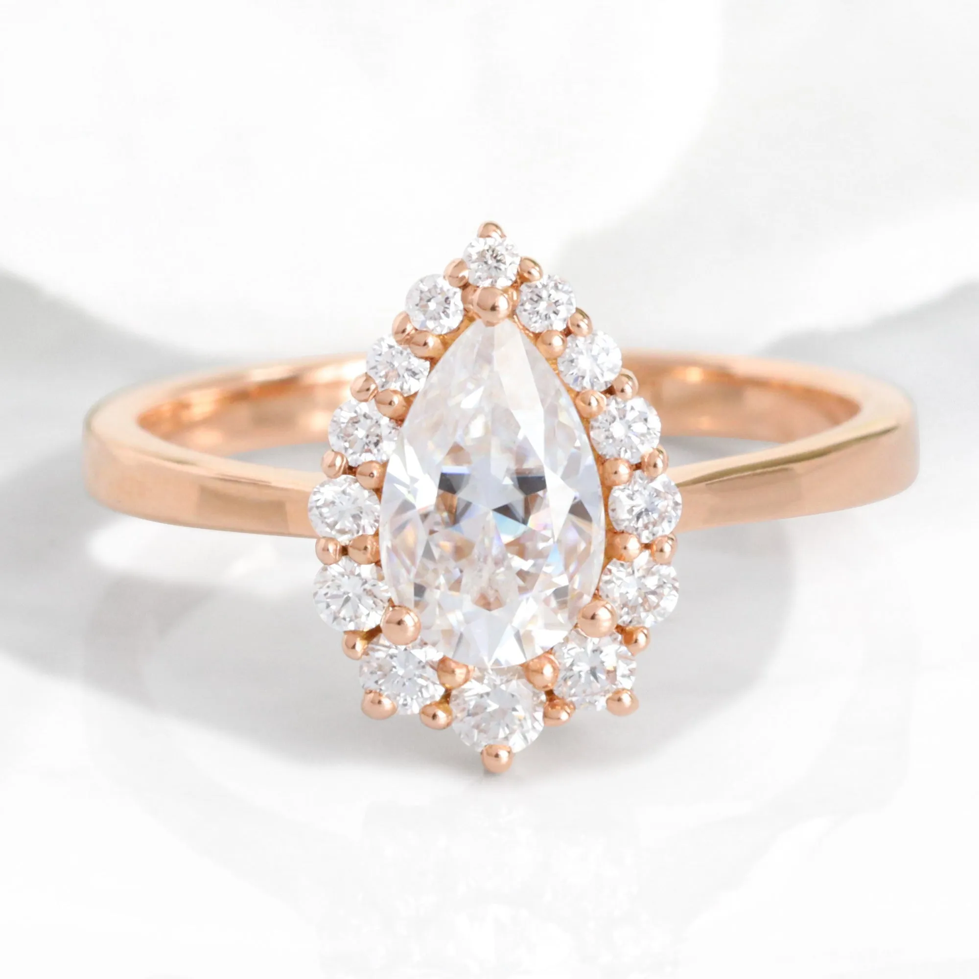 Pear Moissanite Engagement Ring in Tiara Halo Diamond Tapered Band