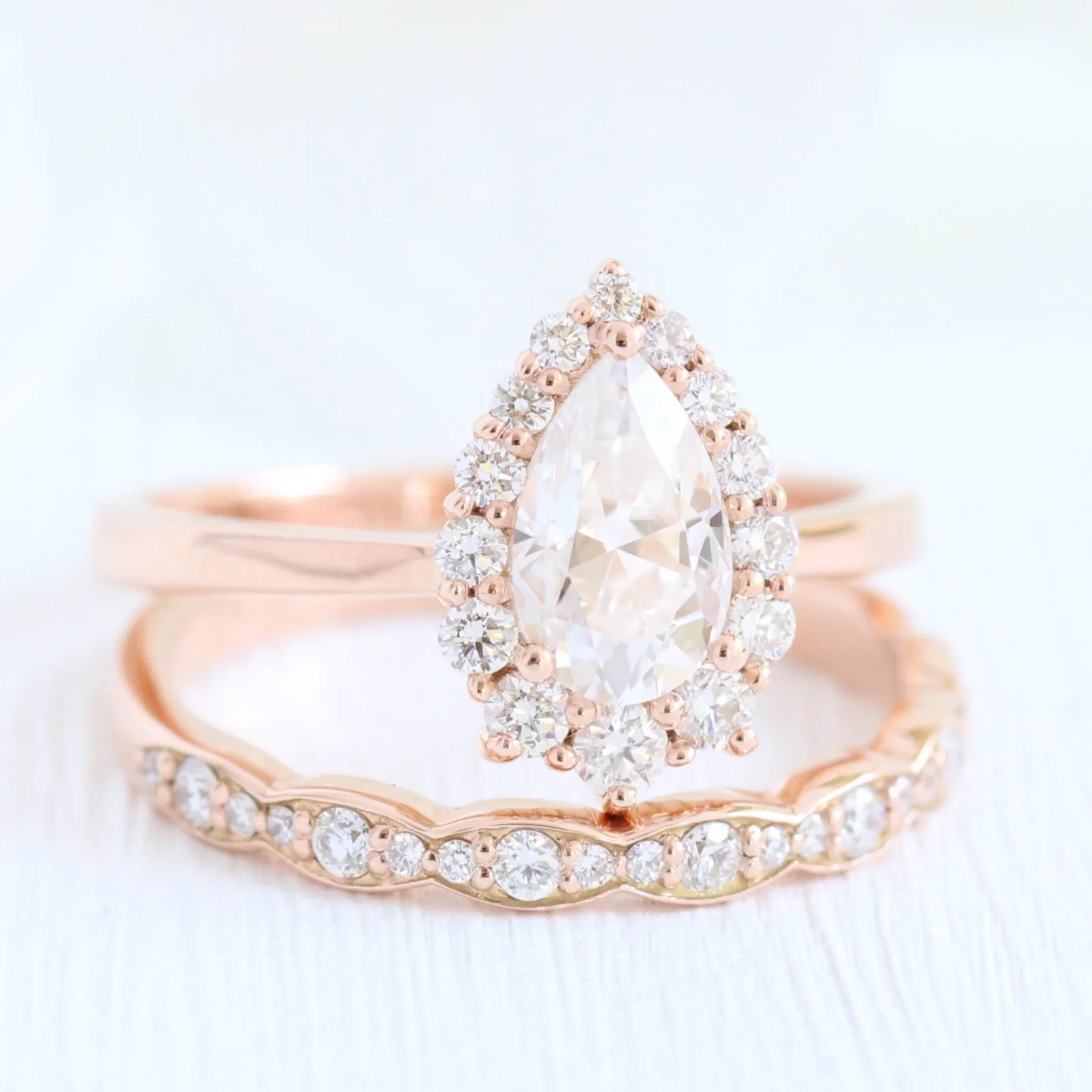 Pear Moissanite Engagement Ring in Tiara Halo Diamond Tapered Band