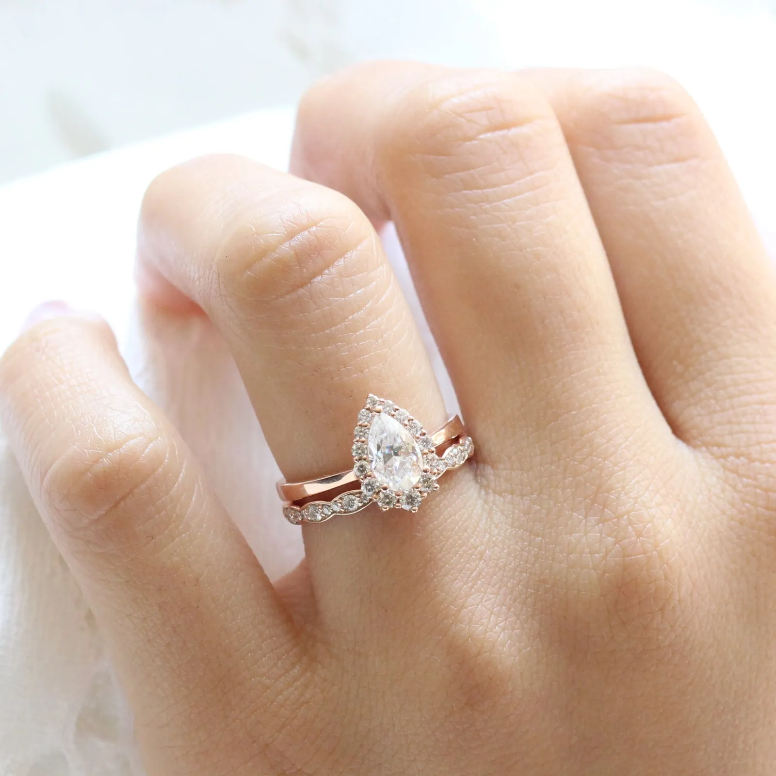 Pear Moissanite Engagement Ring in Tiara Halo Diamond Tapered Band