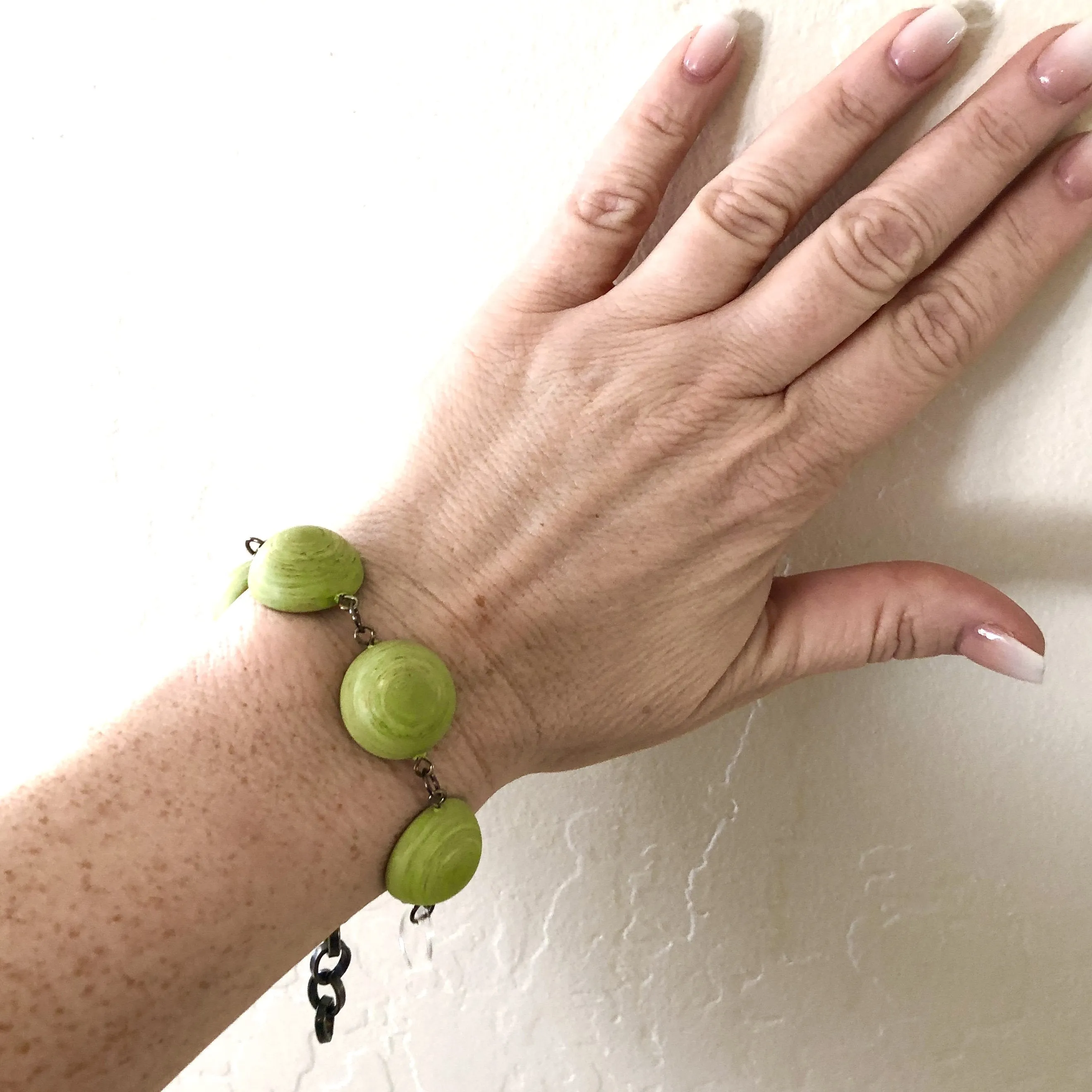 Peridot Green Matte Swirled Disc Stations Bracelet