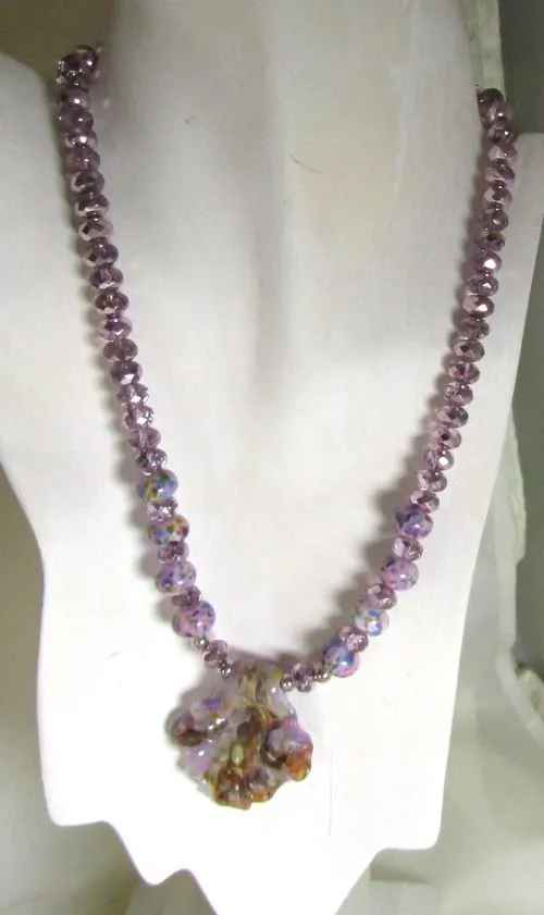 Pink Crystal Beaded Necklace with Handmade Artisan Leaf Pendant