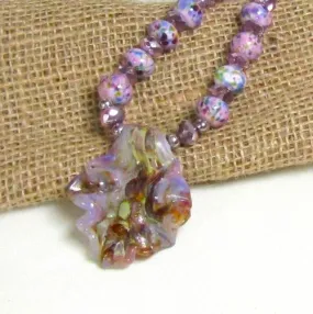 Pink Crystal Beaded Necklace with Handmade Artisan Leaf Pendant