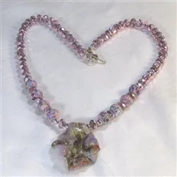 Pink Crystal Beaded Necklace with Handmade Artisan Leaf Pendant