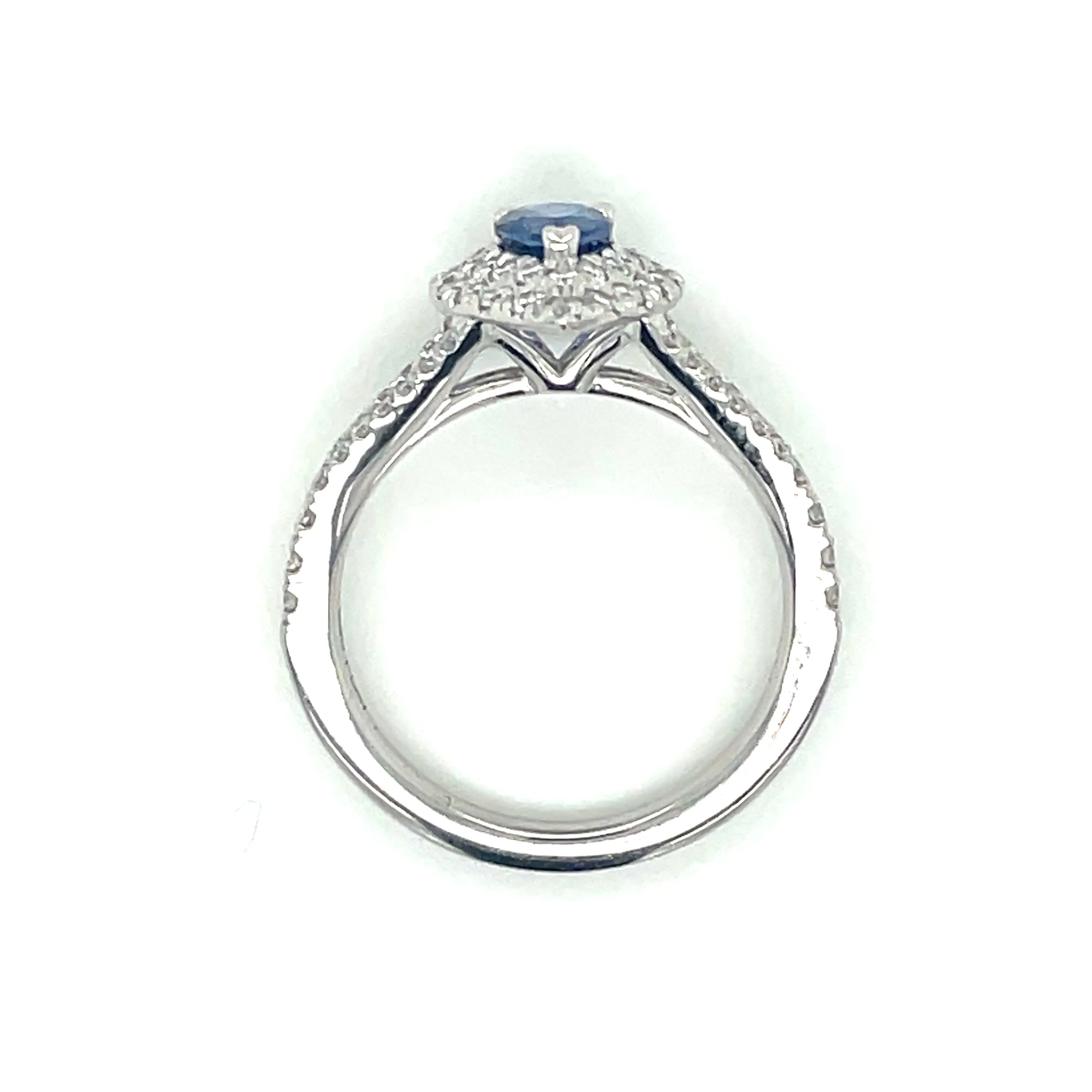 Platinum Pear Cut 0.50ct Sapphire Double Diamond Halo Ring with Split Shank Shoulders