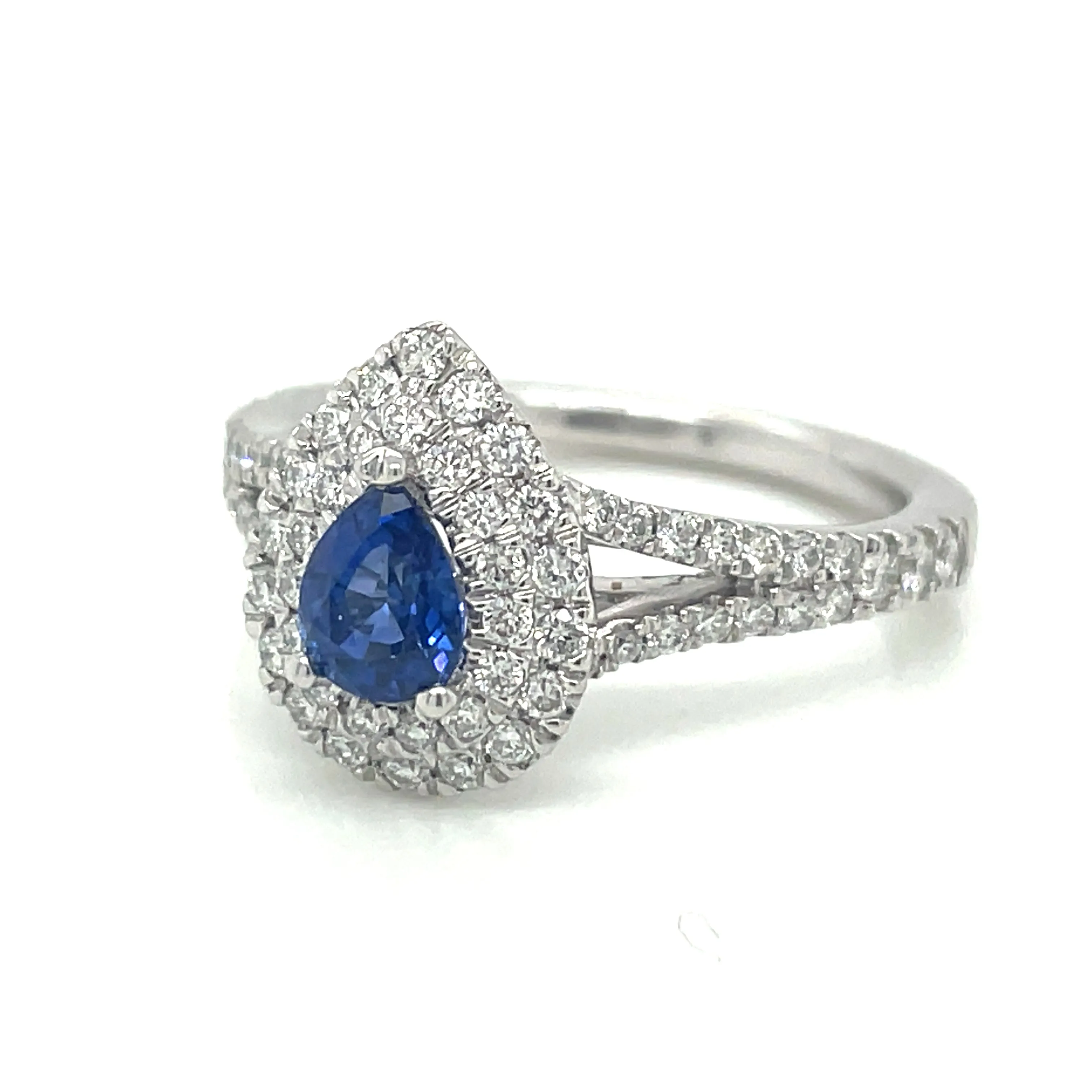 Platinum Pear Cut 0.50ct Sapphire Double Diamond Halo Ring with Split Shank Shoulders