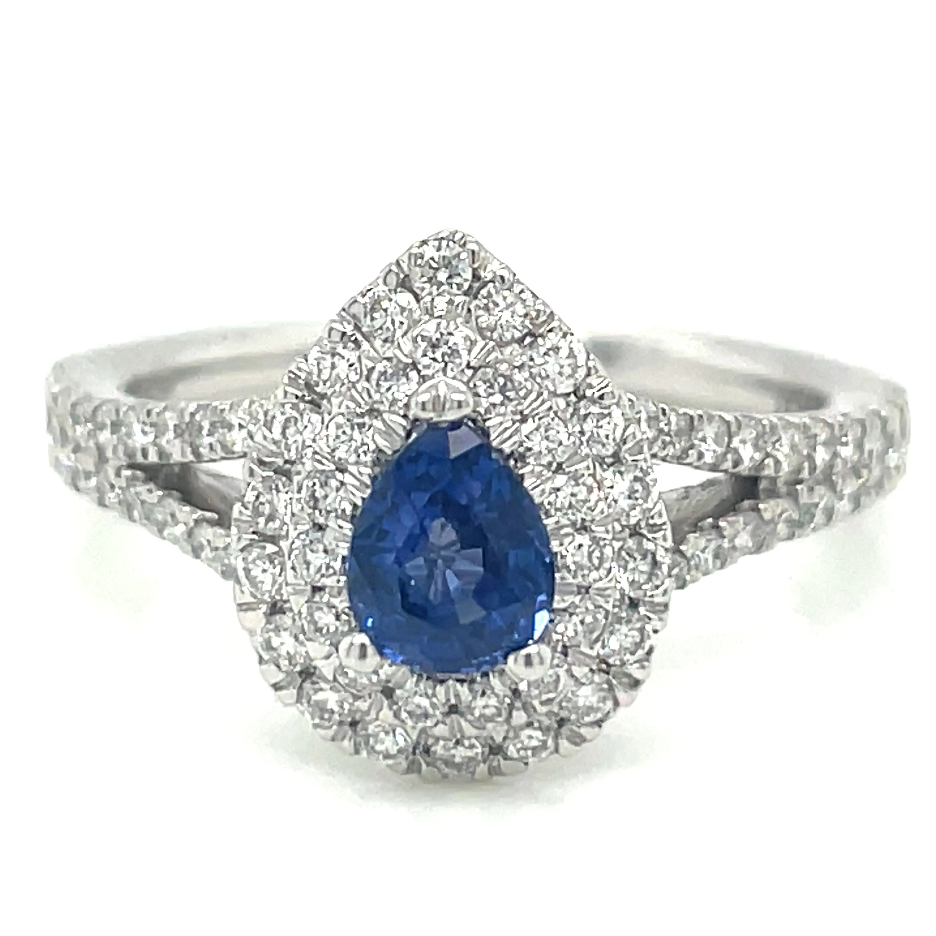 Platinum Pear Cut 0.50ct Sapphire Double Diamond Halo Ring with Split Shank Shoulders