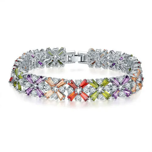 Platinum Plated Multi-Color Gemstone Tennis Bracelet