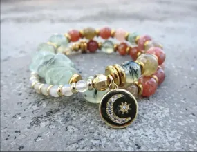 Prehnite & Sunstone Double Strand Bracelet with Moon & Star Charm