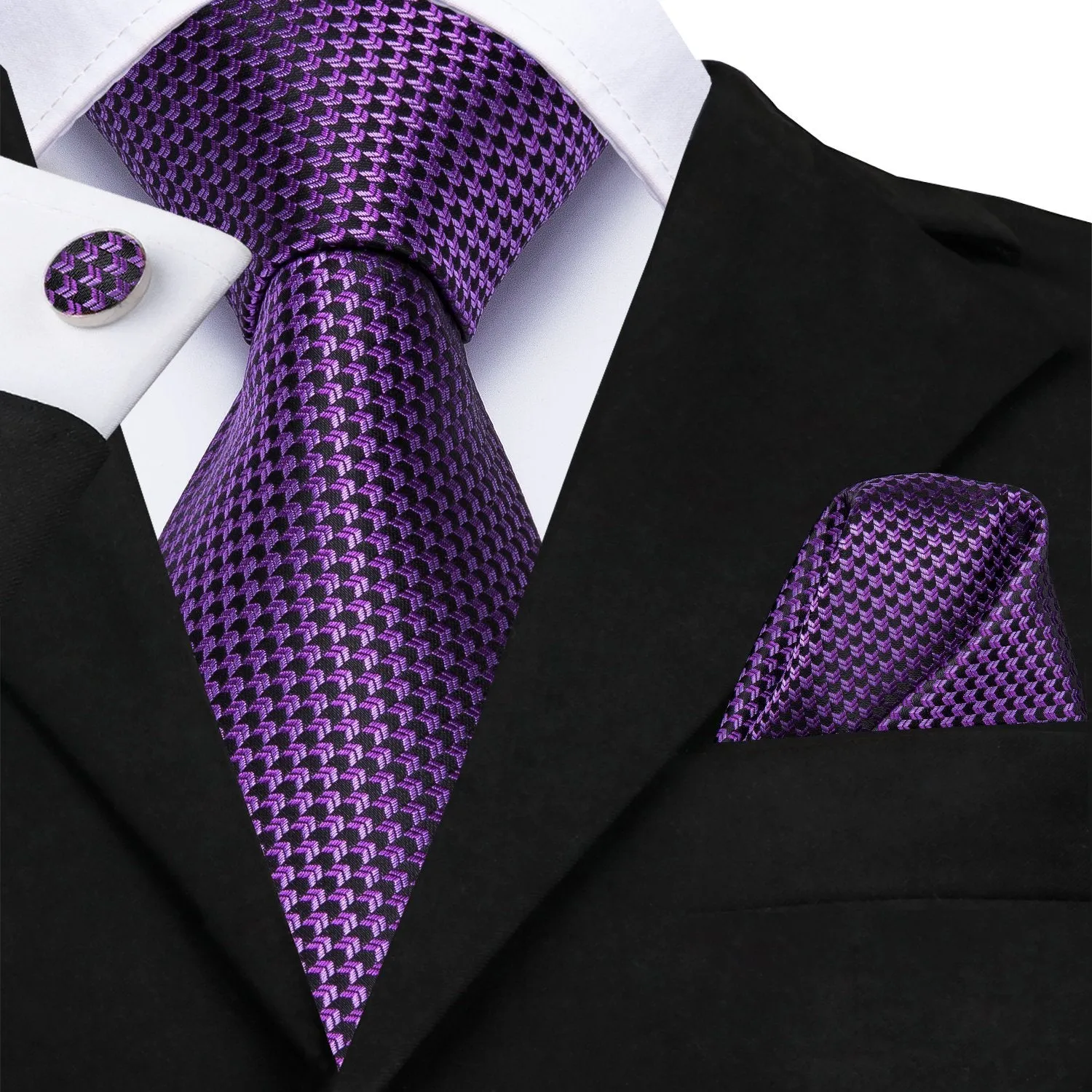 Purple Plaid Men's Necktie Pocket Square Cufflinks Set with Brooch