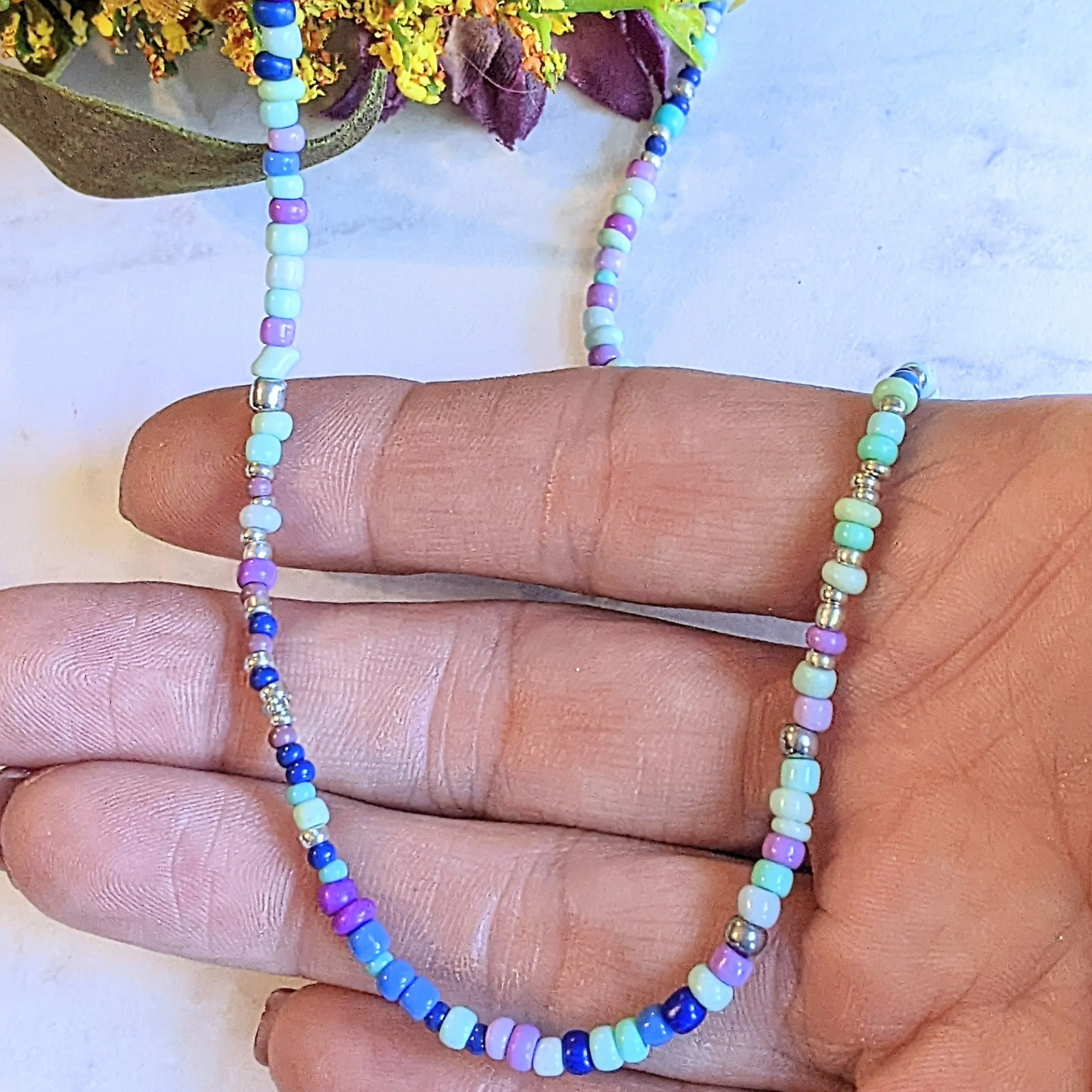 Purple Teal Beaded Choker Necklace - 16 inch