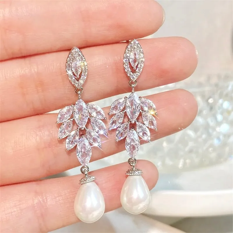 "Paloma" - Pearl and Cubic Zirconia Bridal Earrings - Available in Gold and Silver