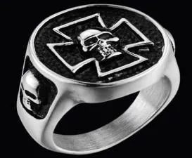 R121 Stainless Steel Iron Cross Skull Biker Ring