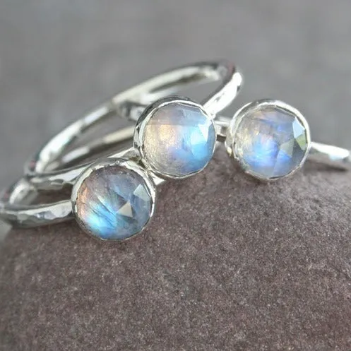 Rainbow Moonstone and Hammered Silver Stacking Ring - PLUMERIA