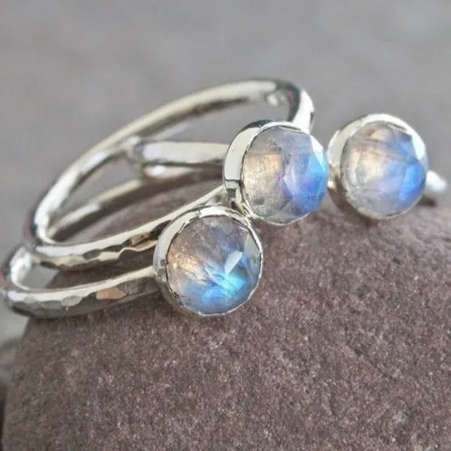 Rainbow Moonstone and Hammered Silver Stacking Ring - PLUMERIA