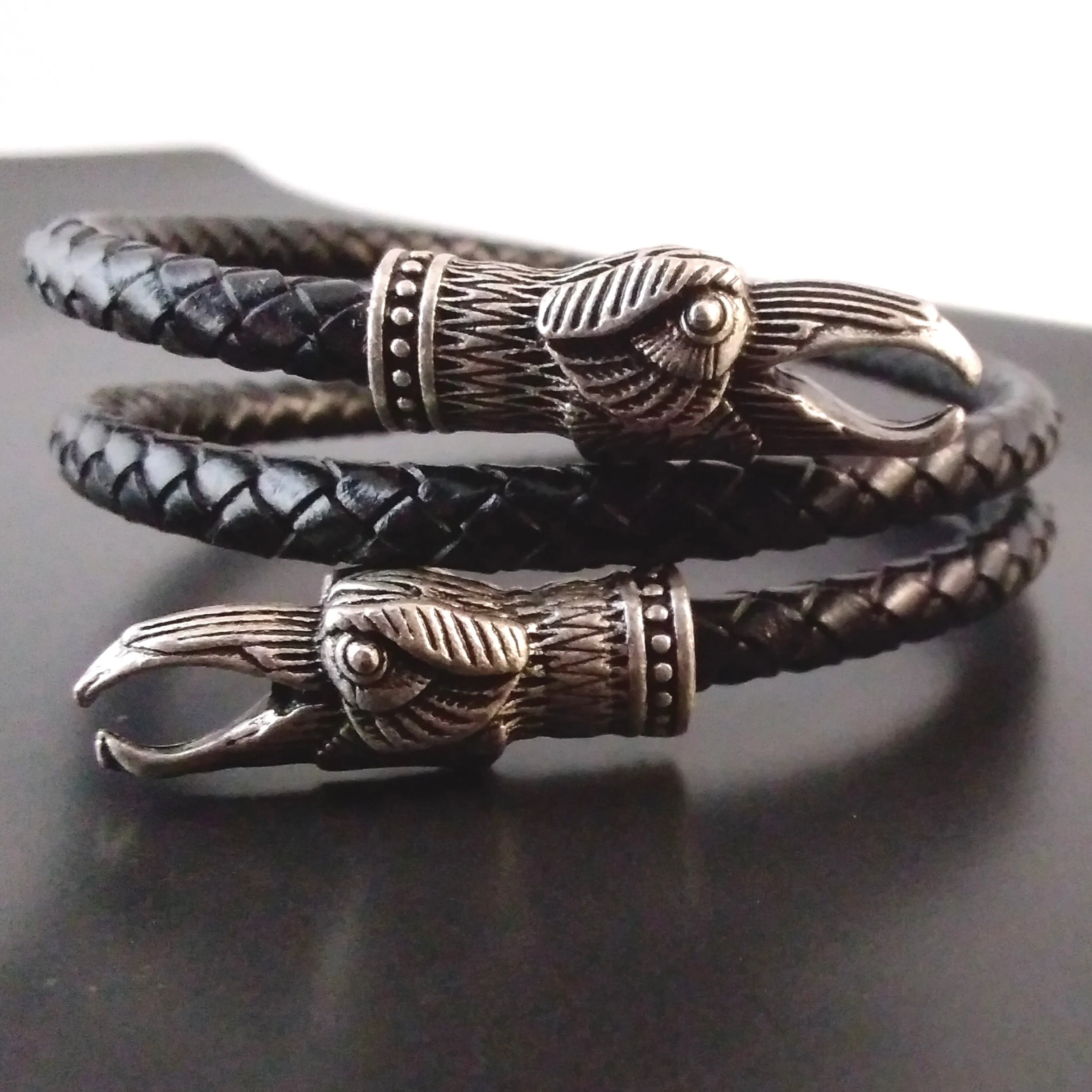 Raven Bracelet Torc Arm Ring Silver Black Leather