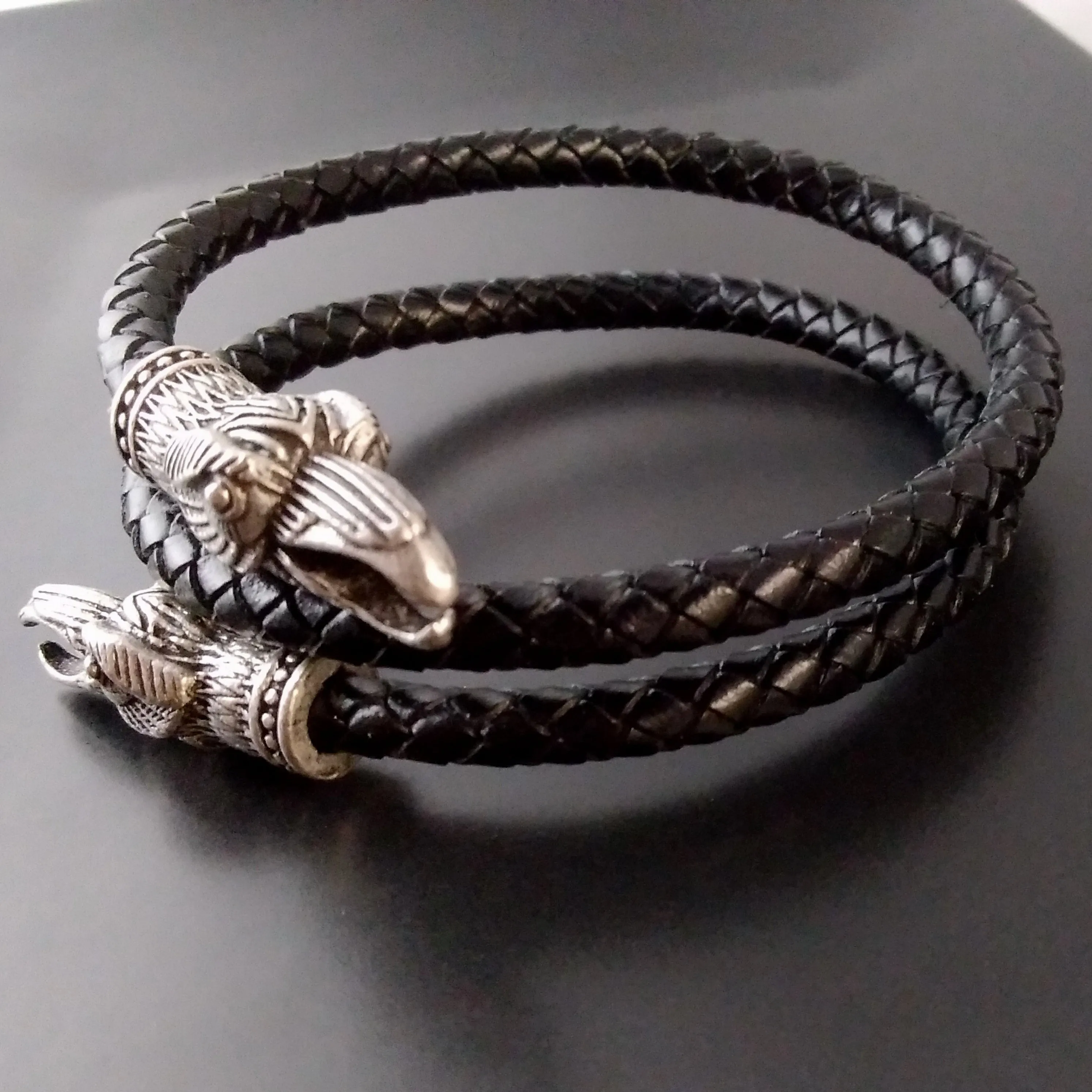 Raven Bracelet Torc Arm Ring Silver Black Leather