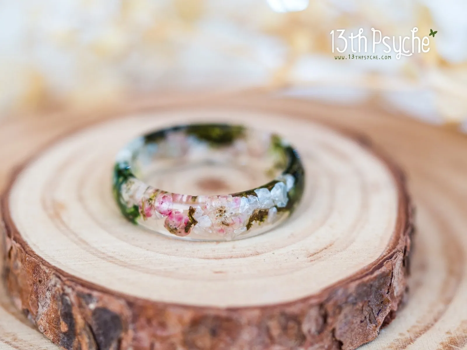 Real moss, Ozothamnus flowers and moonstone resin ring