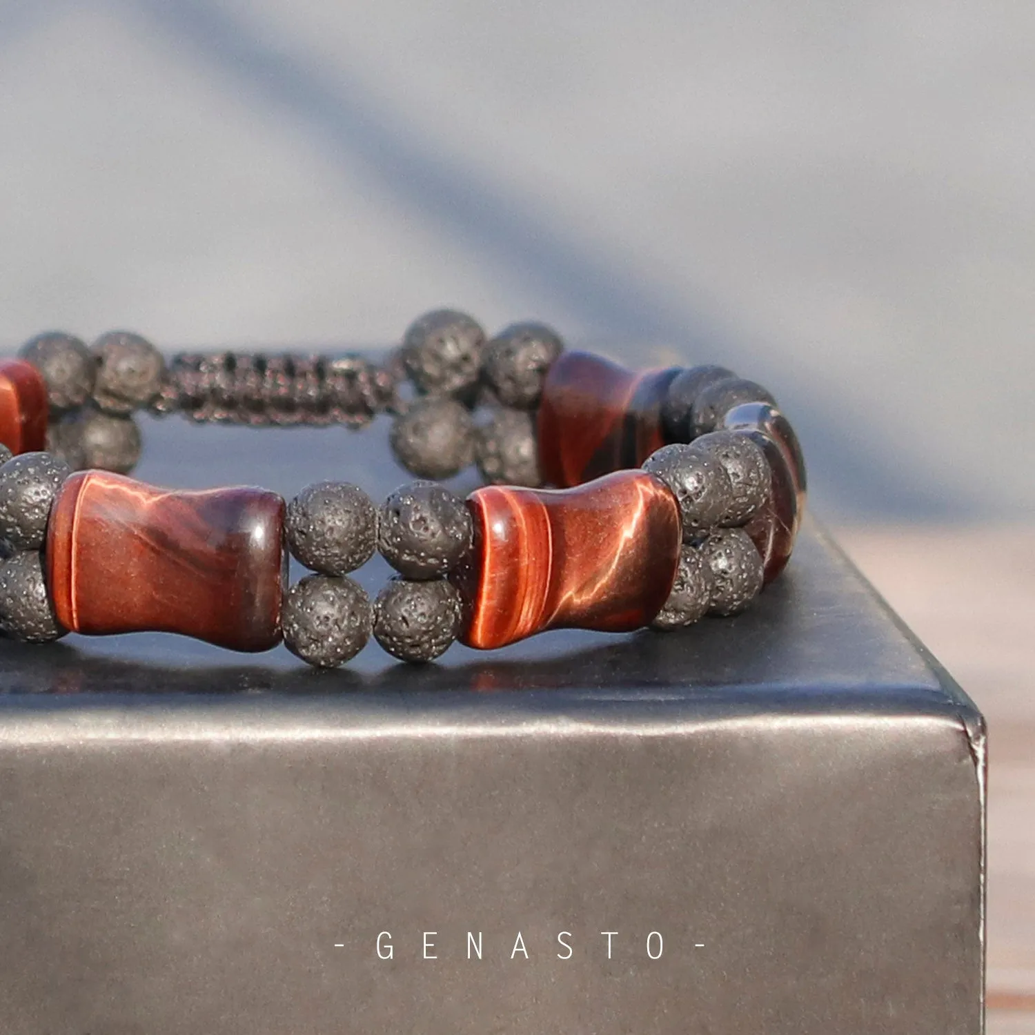 Red Tiger Eye & Lava Rock, Square Flat Beads Bracelet