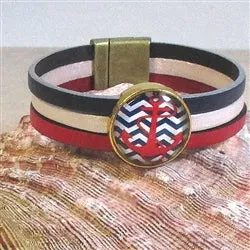 Red White & Blue Leather Bracelet with Anchor Focus