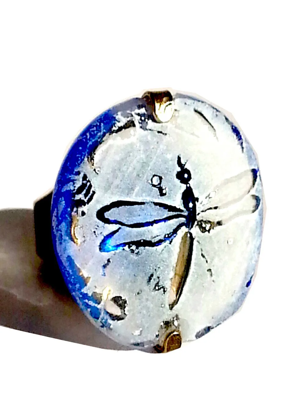 Ring Hand Cast French Glass Dragonfly White and Blue