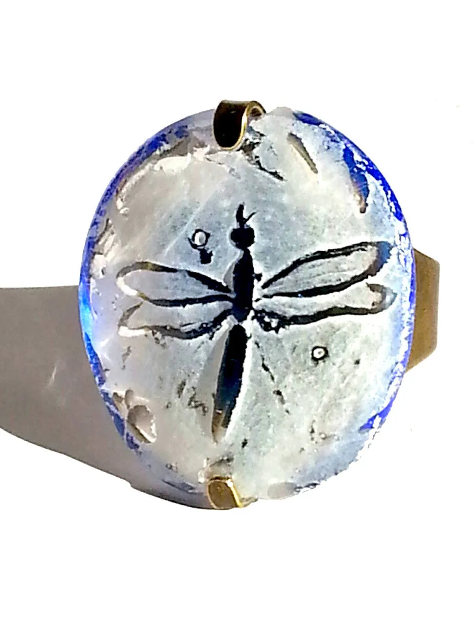 Ring Hand Cast French Glass Dragonfly White and Blue