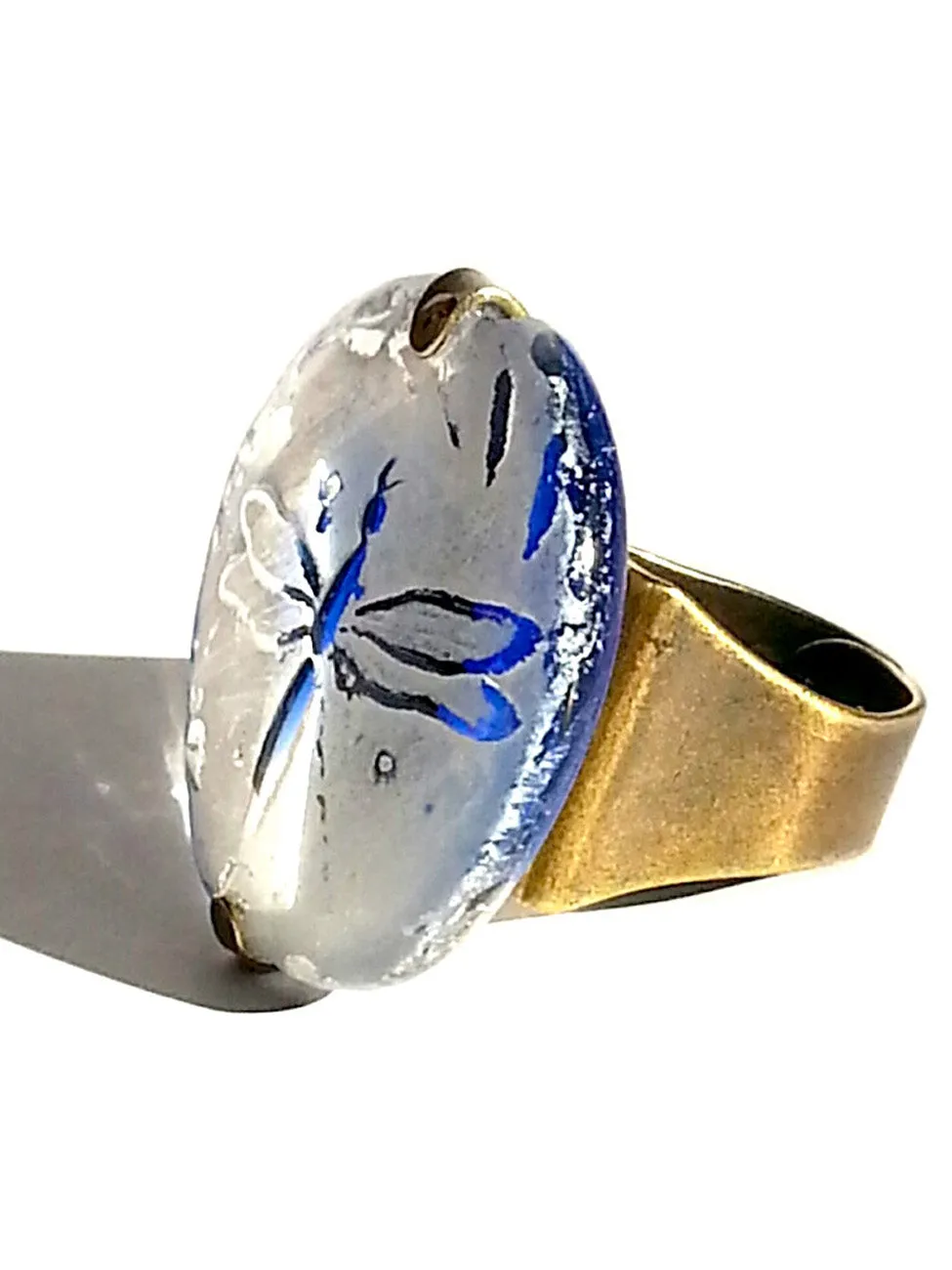 Ring Hand Cast French Glass Dragonfly White and Blue