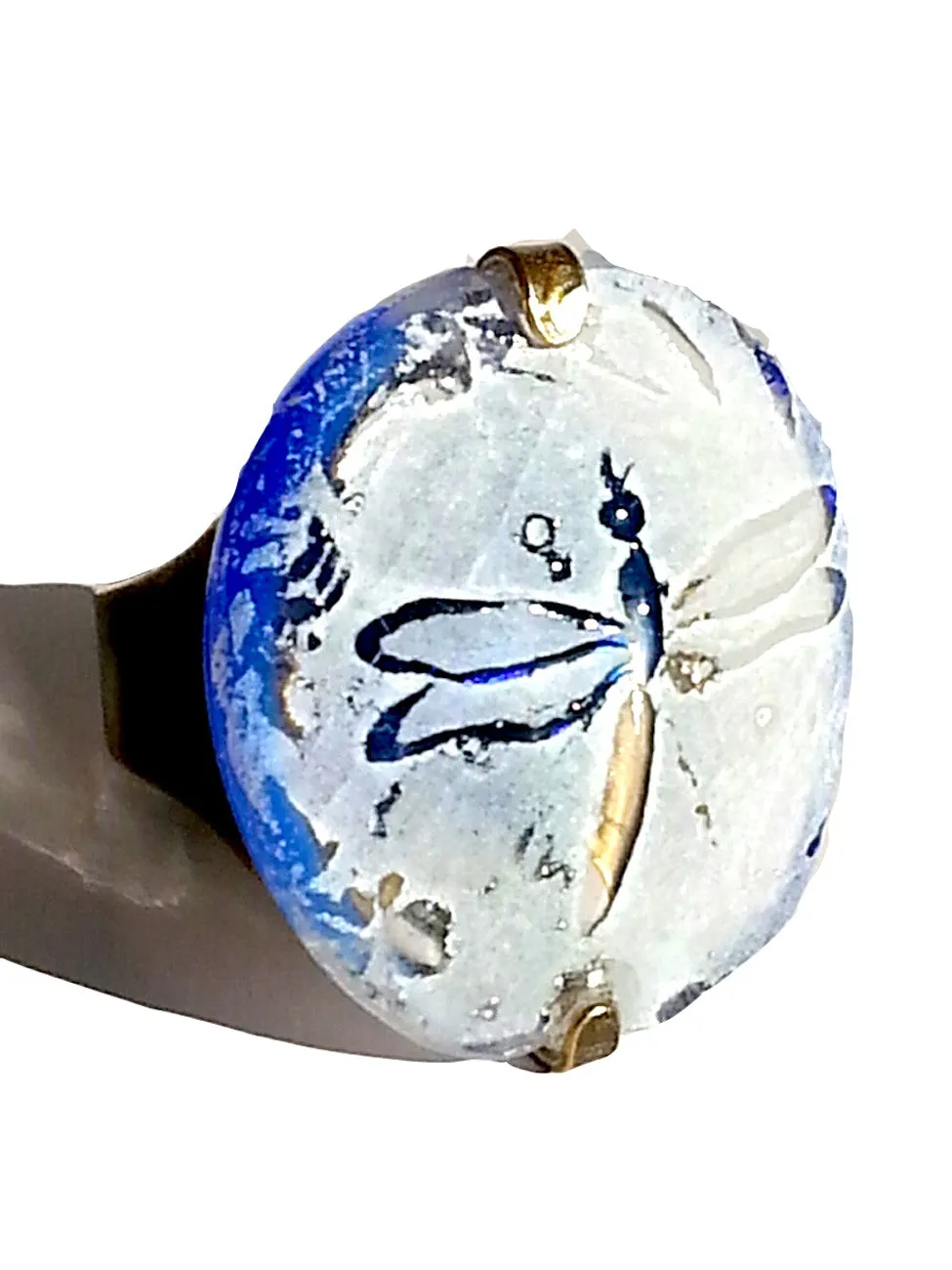 Ring Hand Cast French Glass Dragonfly White and Blue