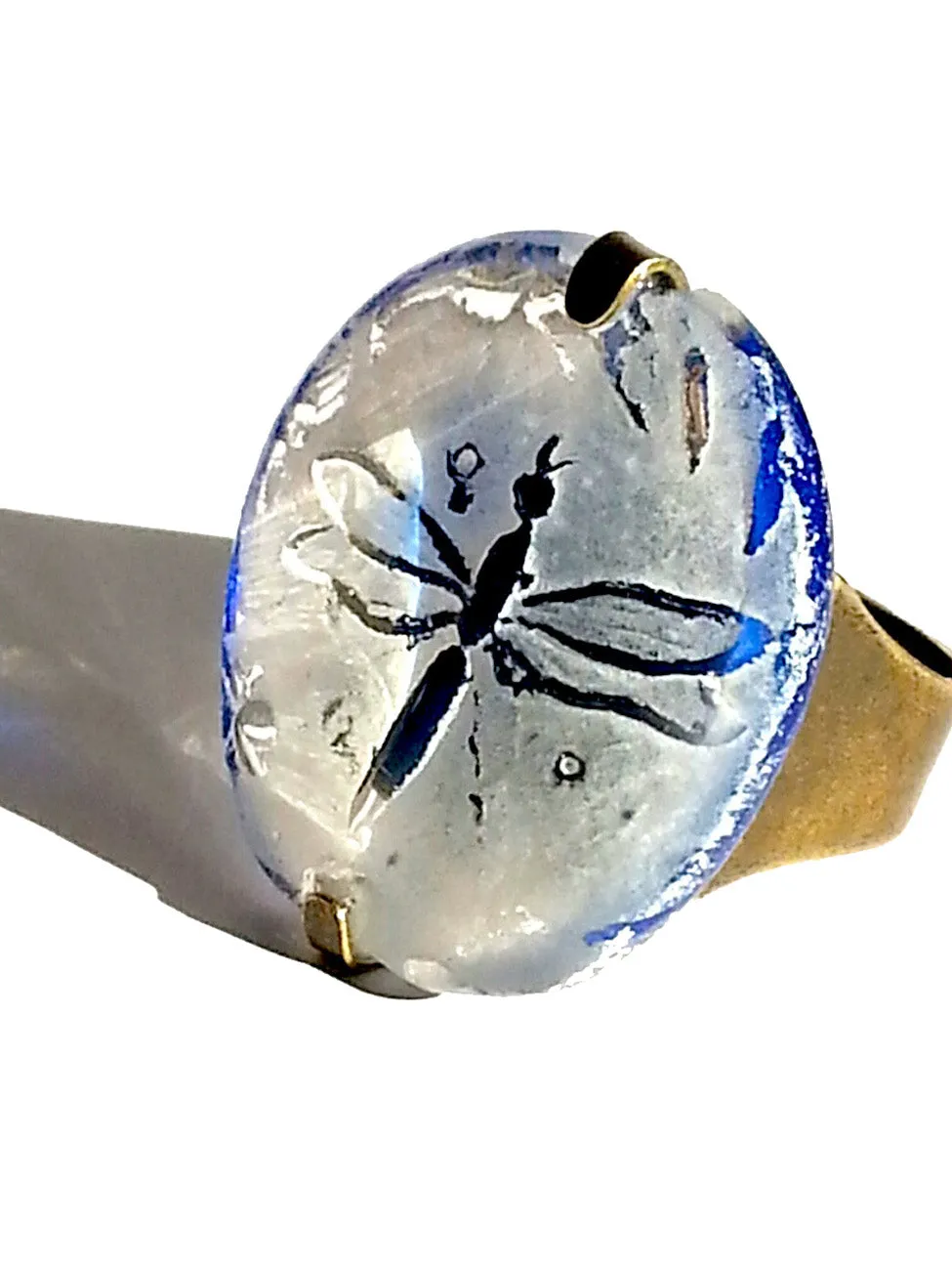 Ring Hand Cast French Glass Dragonfly White and Blue