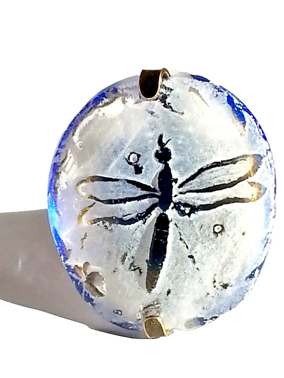 Ring Hand Cast French Glass Dragonfly White and Blue