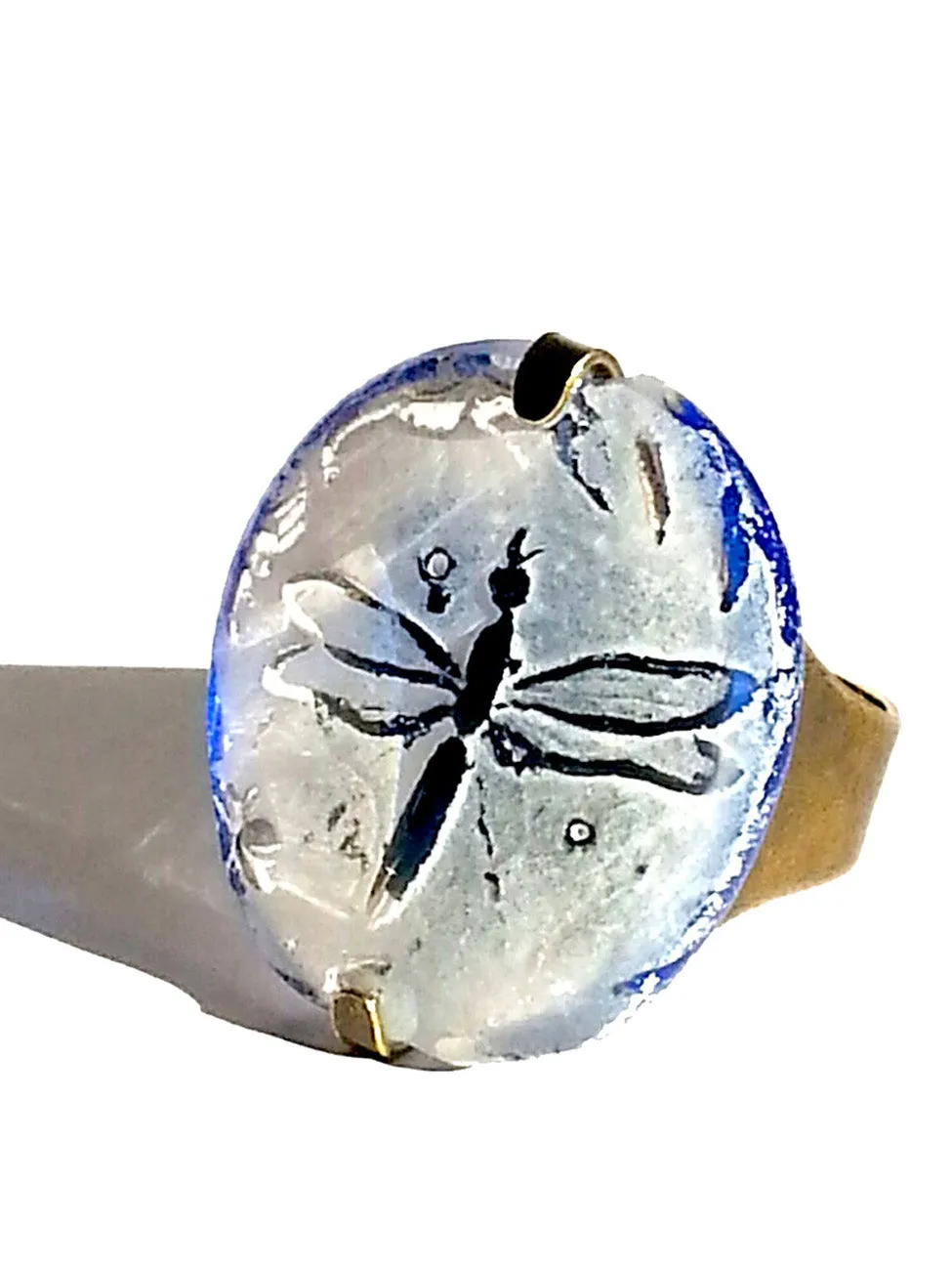 Ring Hand Cast French Glass Dragonfly White and Blue