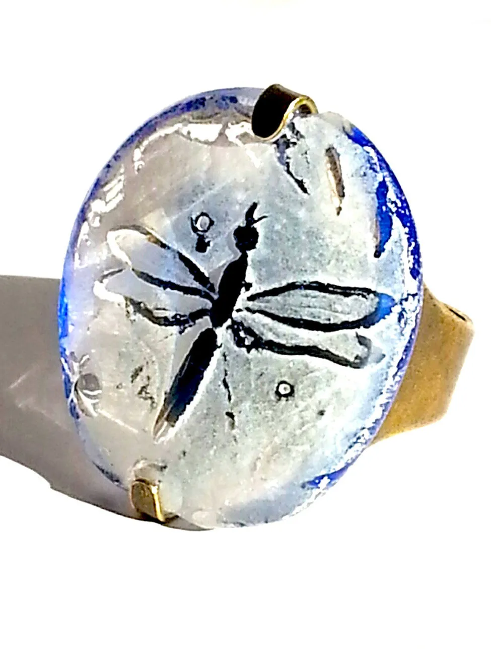 Ring Hand Cast French Glass Dragonfly White and Blue