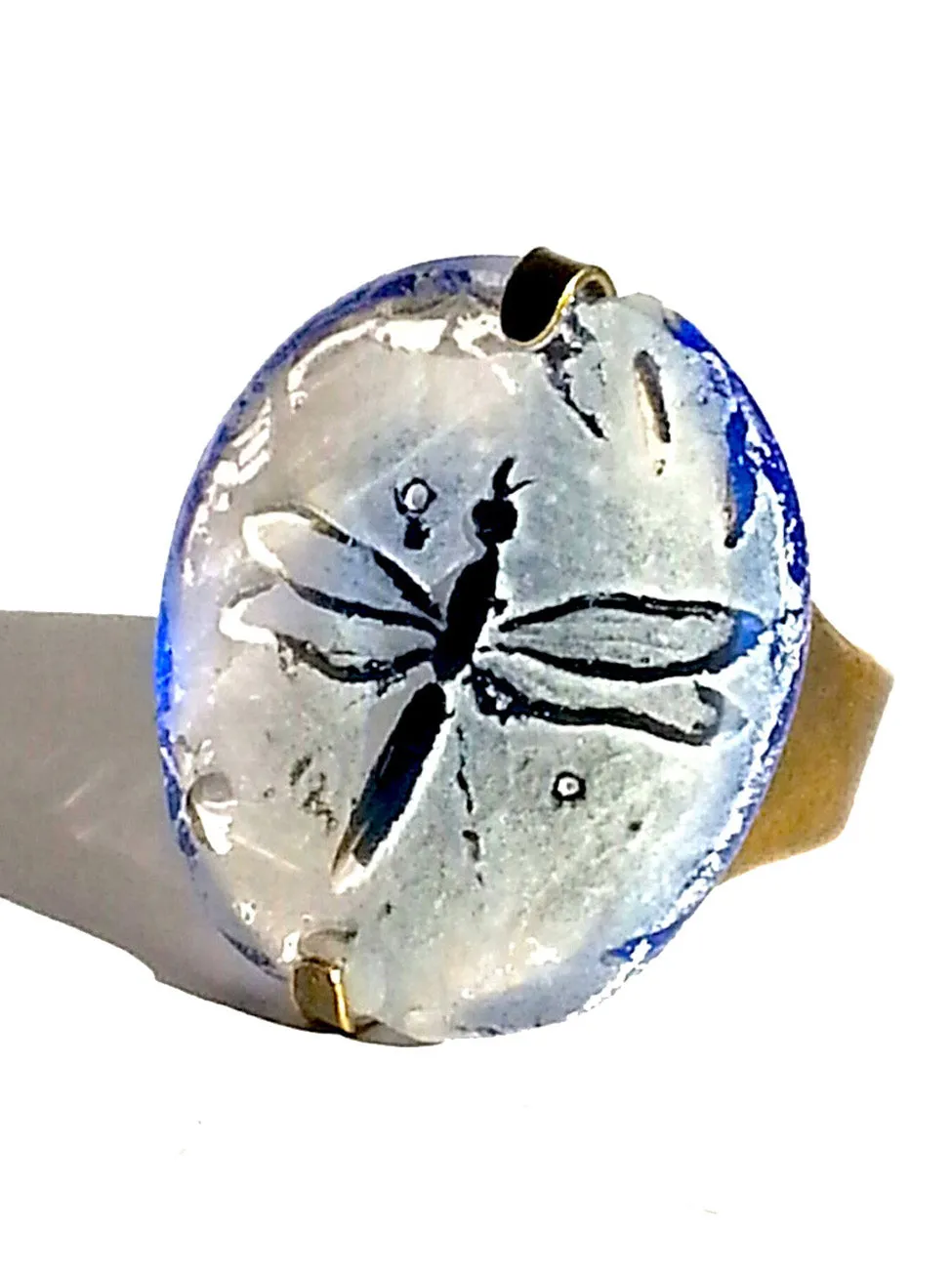 Ring Hand Cast French Glass Dragonfly White and Blue