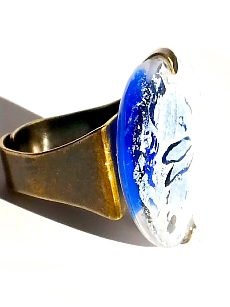 Ring Hand Cast French Glass Dragonfly White and Blue