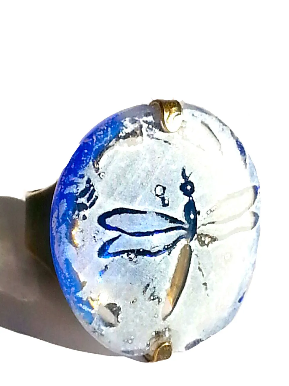 Ring Hand Cast French Glass Dragonfly White and Blue