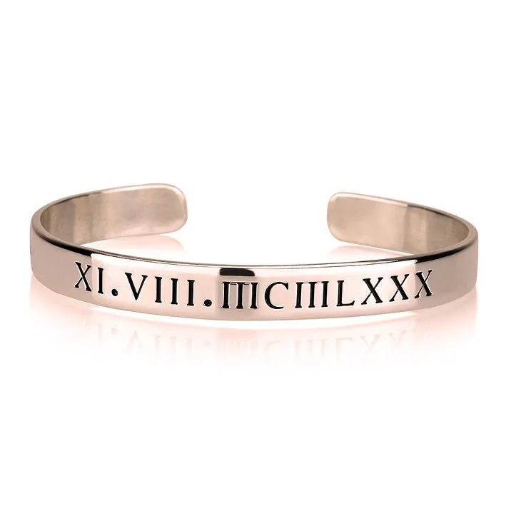 Roman Numerals Cuff Bracelet, Solid,Cutout, Sterling Silver/24K Gold/Rose Gold Plating, Christmas/Thanksgiving/Anniversary/Birthday Gifts