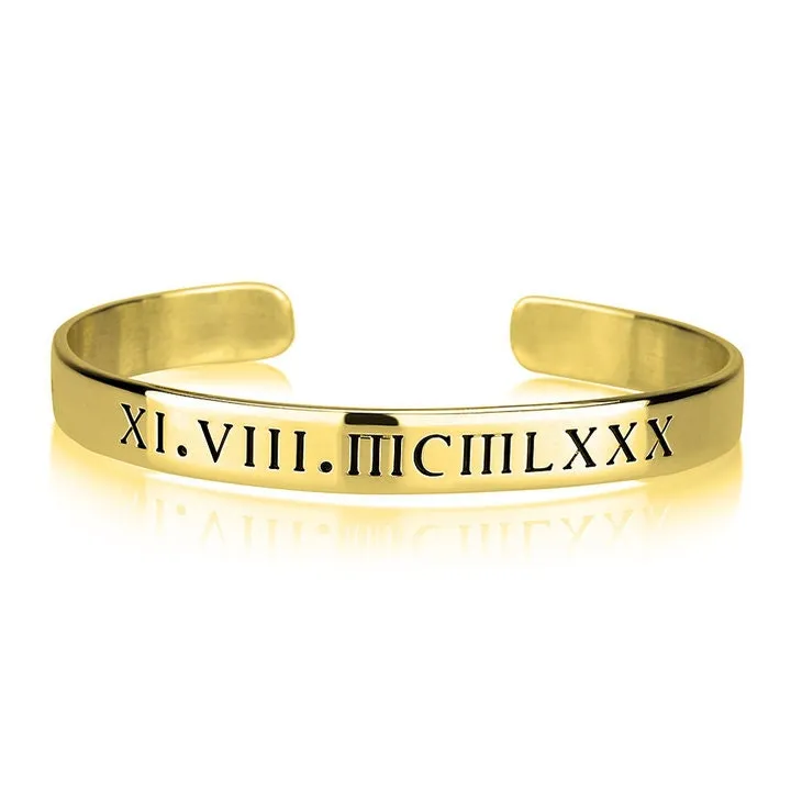 Roman Numerals Cuff Bracelet, Solid,Cutout, Sterling Silver/24K Gold/Rose Gold Plating, Christmas/Thanksgiving/Anniversary/Birthday Gifts