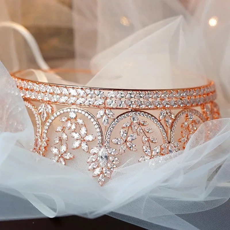 Royal Crystal Rose Gold Bridal Wedding Tiara Crown